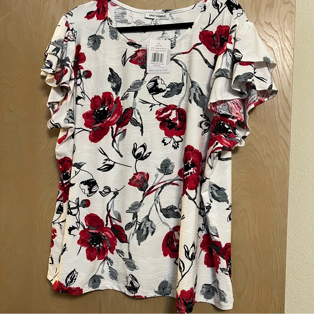 Elegant Floral Ruffle Sleeve Blouse - Red and Black